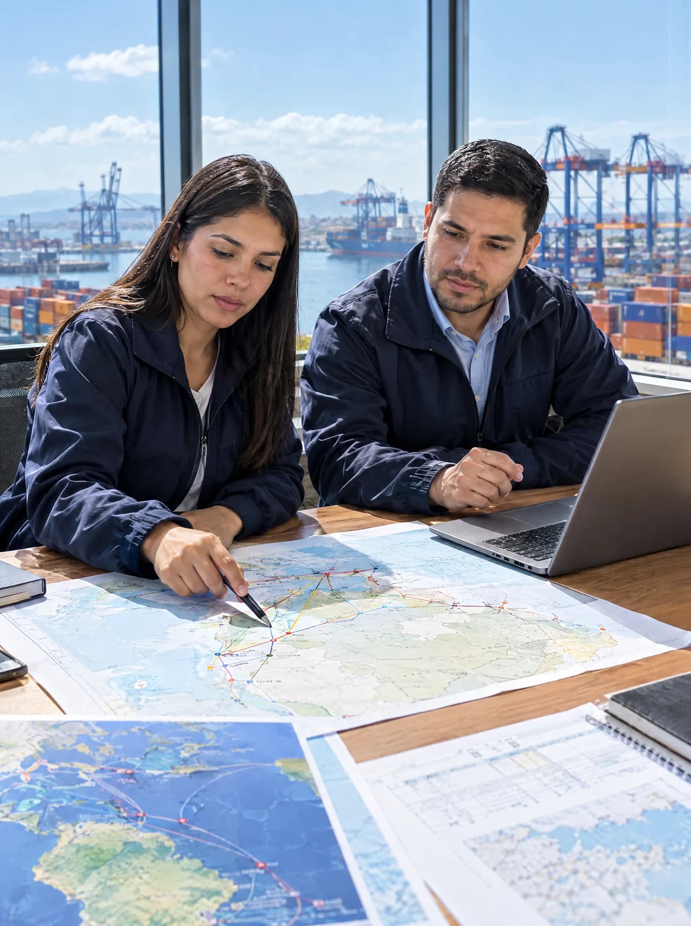 Dos consultores de logística planificando rutas sobre mapas, con el puerto de fondo
